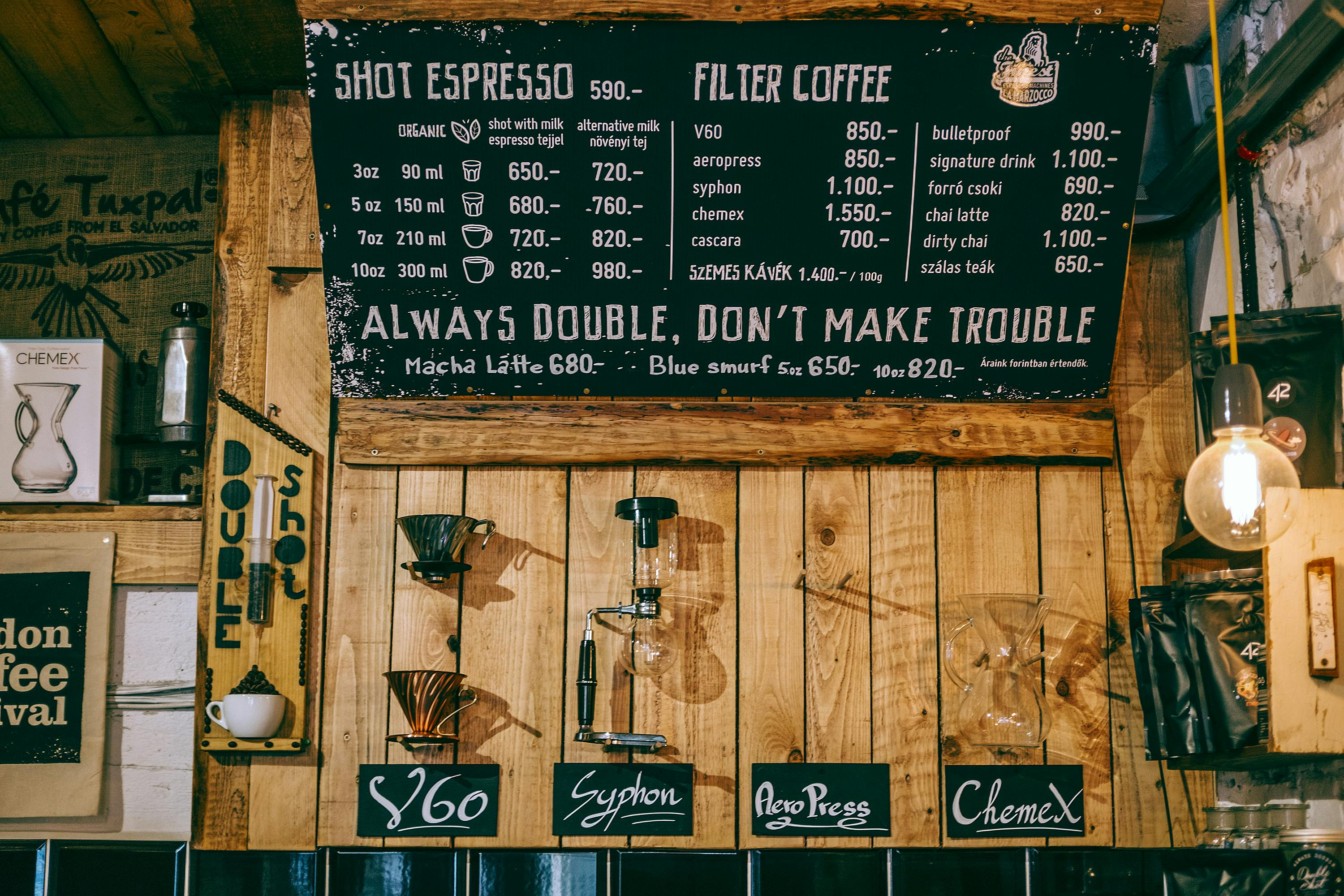 Charming coffee shop menu written with chalk markers, showing an example of when they are a good option for use. 