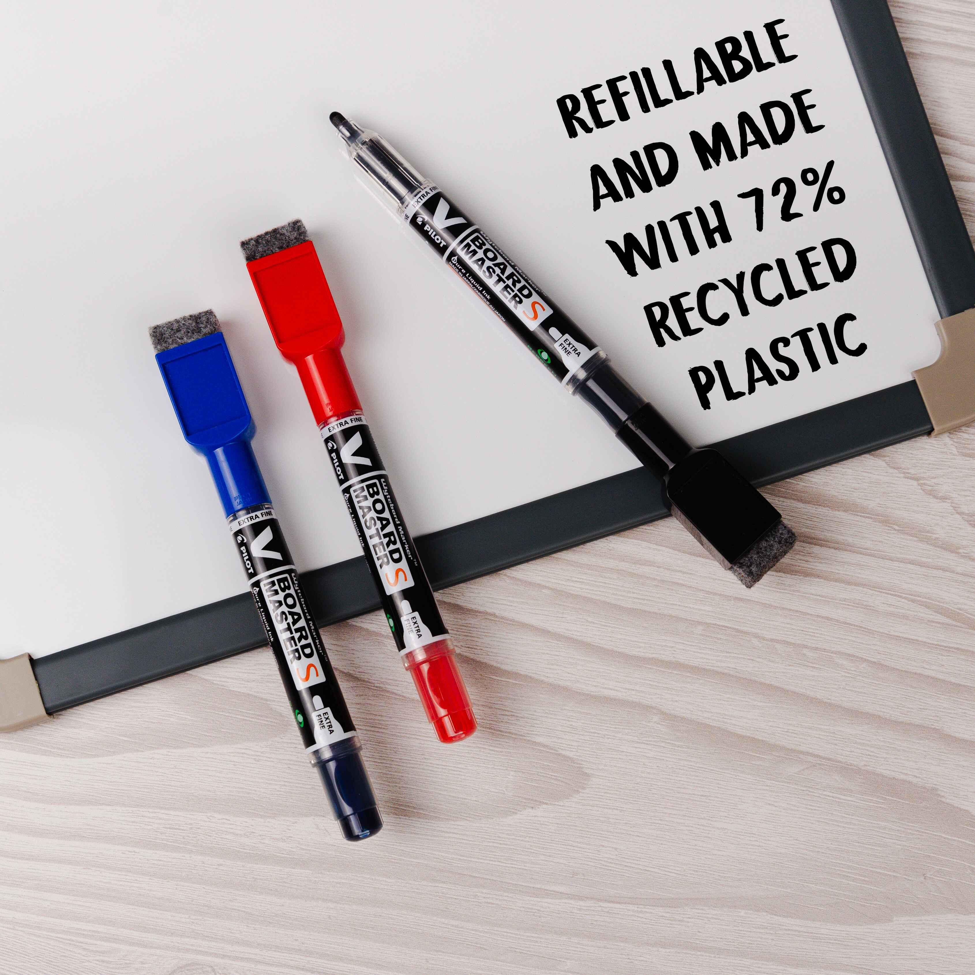 V Board Master S with Eraser and Magnet | BegreeN whiteboard markers with message written on board saying "Refillable and made with 72% recycled plastic". Highlighting why they are the best whiteboard markers for eco-friendly use