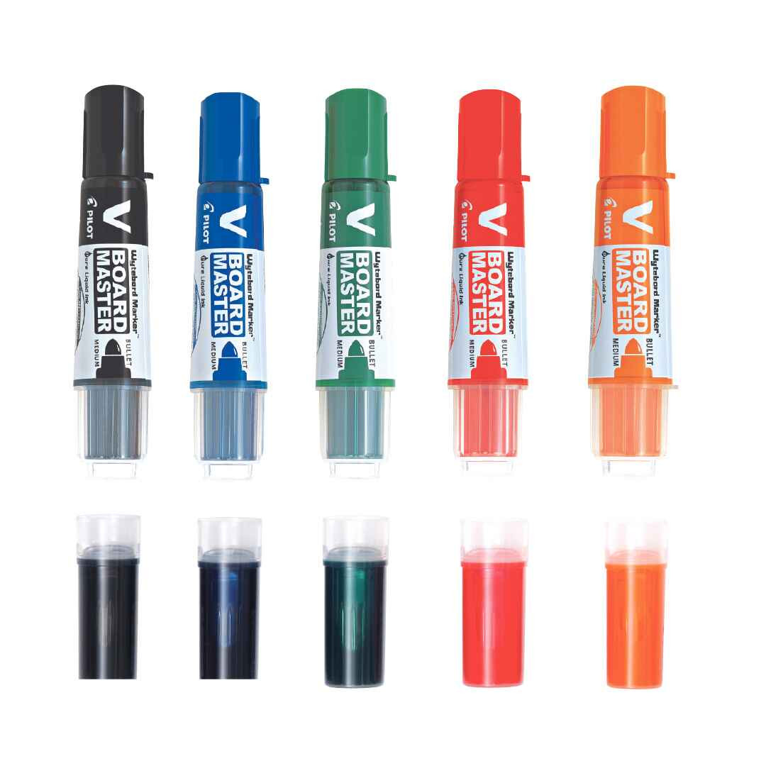 V Board Master Refill whiteboard marker refill in the colours black, blue, green red and orange.