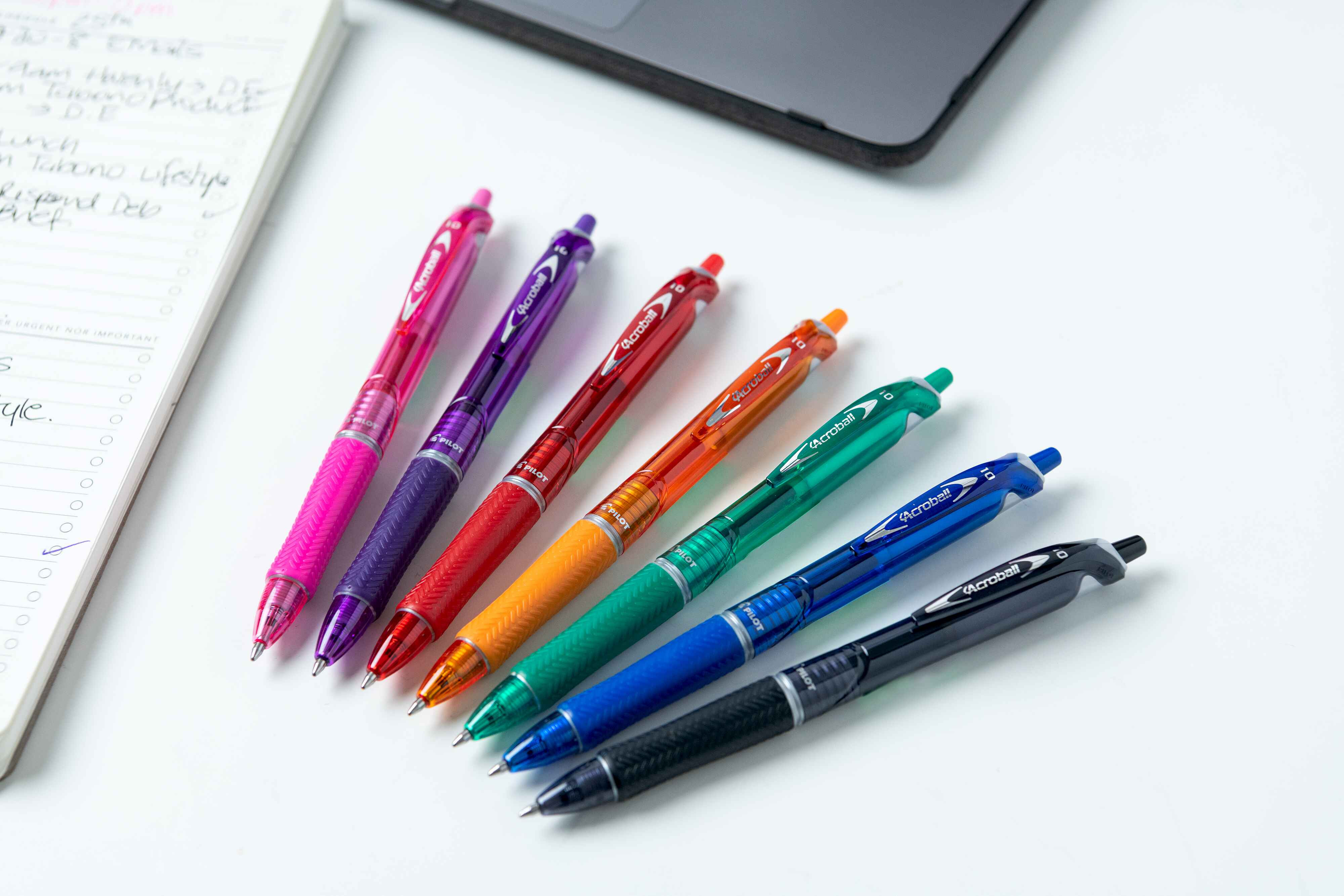 BeGreeN Acroball pens displayed in a semi-circle, showcasing their large choice of colours.