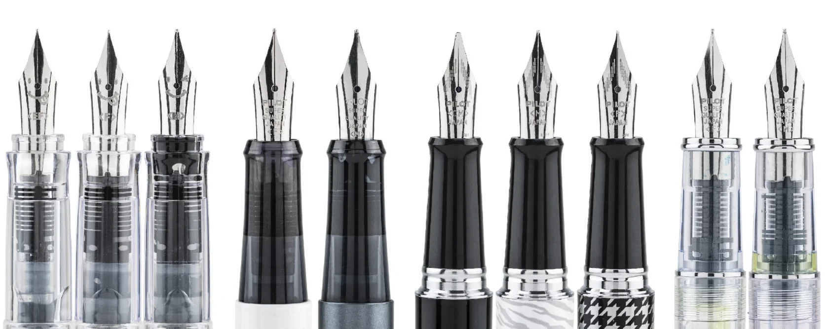A close-up of the various fountain pen nib options by PILOT pen.