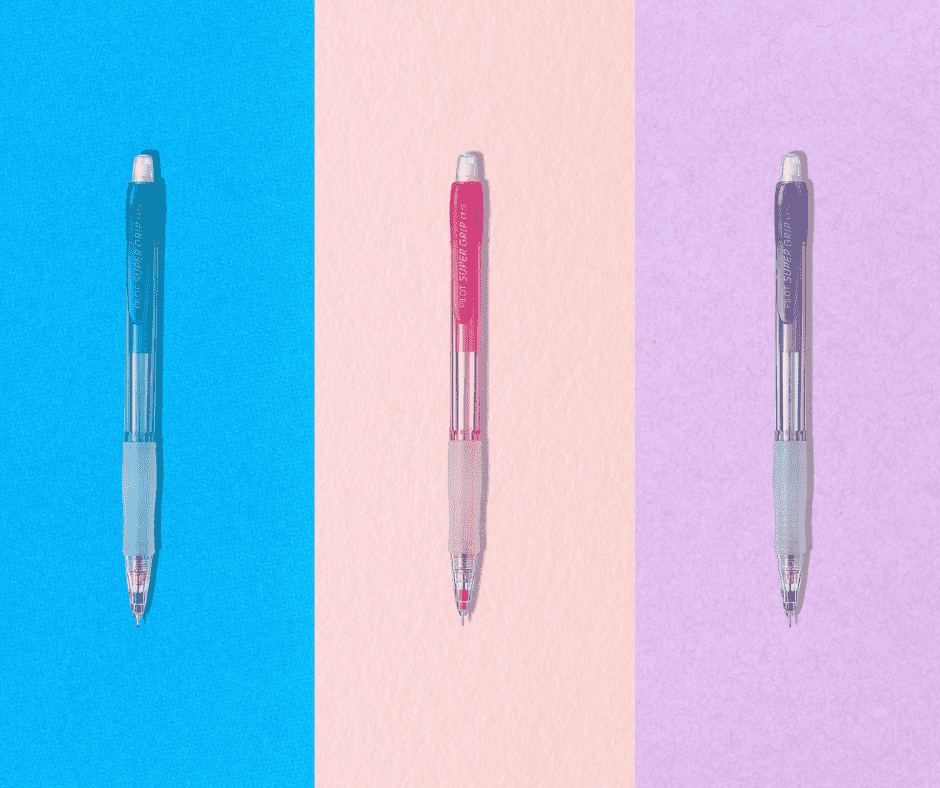 Pilot Super Grip Neon Mechanical Pencils in body colours blue, red and violet on a coloured background. 