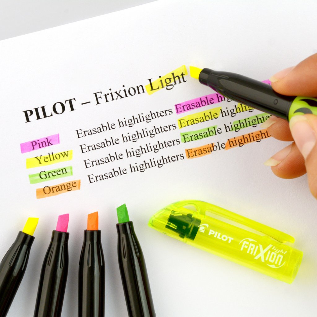 Pilot's FriXion Light Erasable highlighters in pink, yellow, green and orange highlighting notes, showcasing the usefulness of erasable highlighter pens.