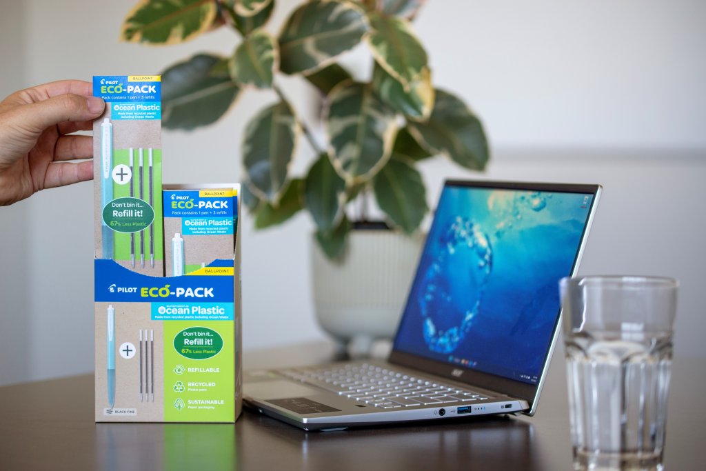 PILOT Pen Eco-friendly pens, the refillable pens in an ECO-PACK in a box in an office.