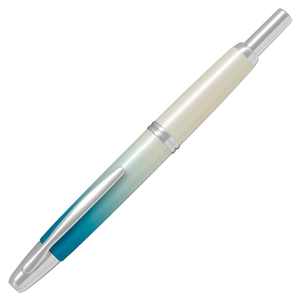 A PILOT Capless retractable fountain pen, featuring a limited edition barrel design called Seashore, that transitions from deep sea turquoise to a shimmering white, evoking pure sand on a coastline.