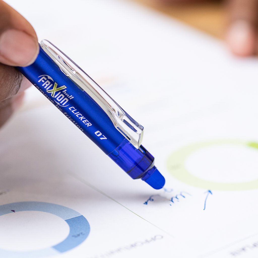 frixion clicker 07 in blue with erasable base by Pilot Pen, erasing markings on a graph.